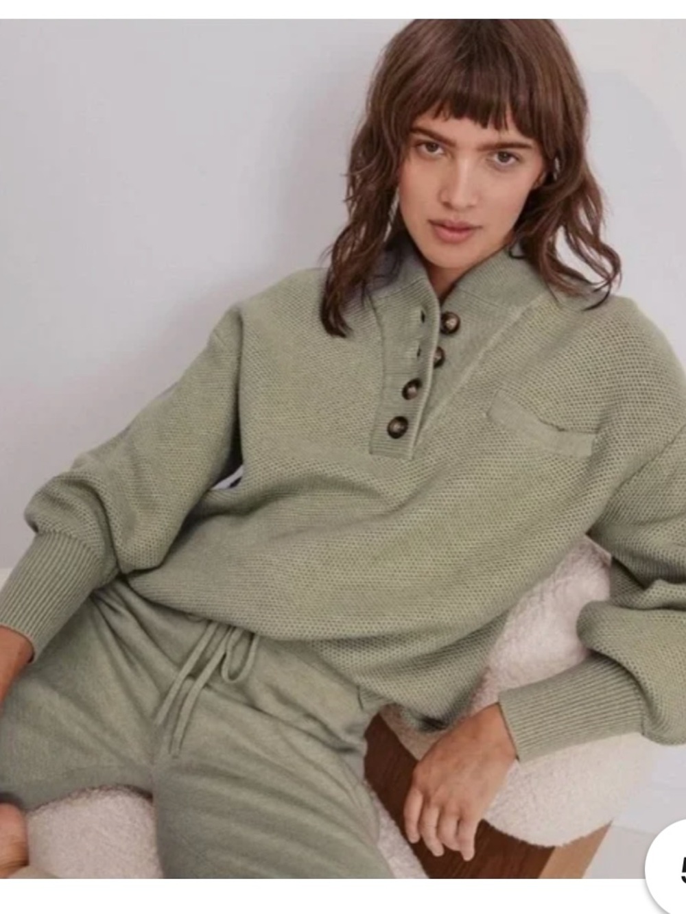 Lunya Waffle Knit Pocket Henley Sweater Soft Green XS/S EUC!